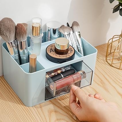 SHUTTLE ART Modern Desk Storage Organizer Box with 2 Drawers –Stackable Desk Organizer with Pen Holder and 5 Compartments – Perfect for Office, Home, School, Art Supplies, Crafts, and Stationery(Blue)